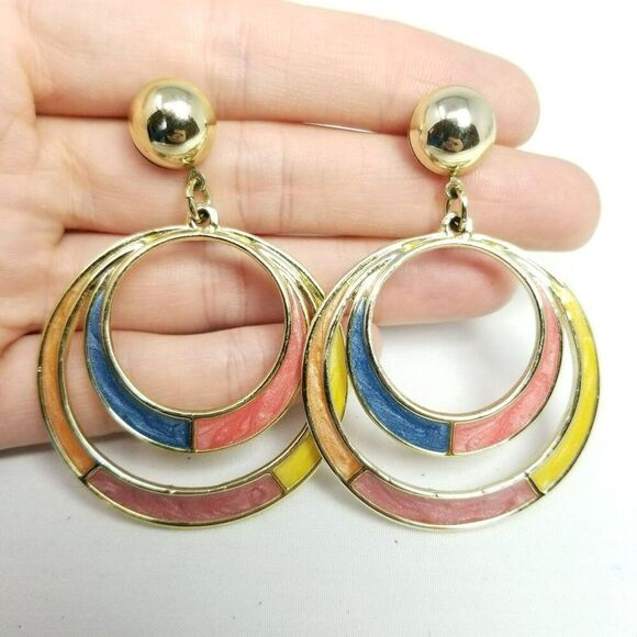 Vintage Colorful Enamel Dangle Hoop Earrings, Stud, Door Knocker Style, Estate - Picture 1 of 6